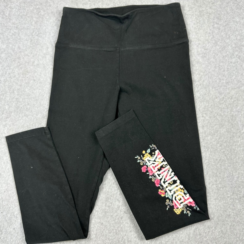 PINK Victoria's Secret Black Floral Logo High Waisted Leggings Large - Picture 4 of 7